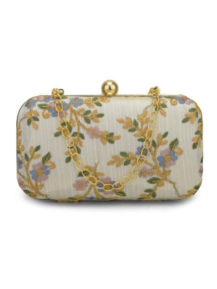 White & Gold-Toned Embroidered Party Box Clutch For Girls and Womens For Girls and womens